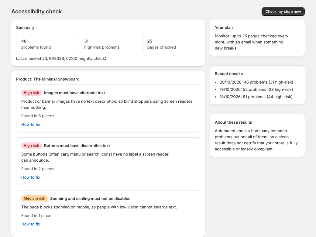 Aisleable results page listing accessibility problems ranked by risk