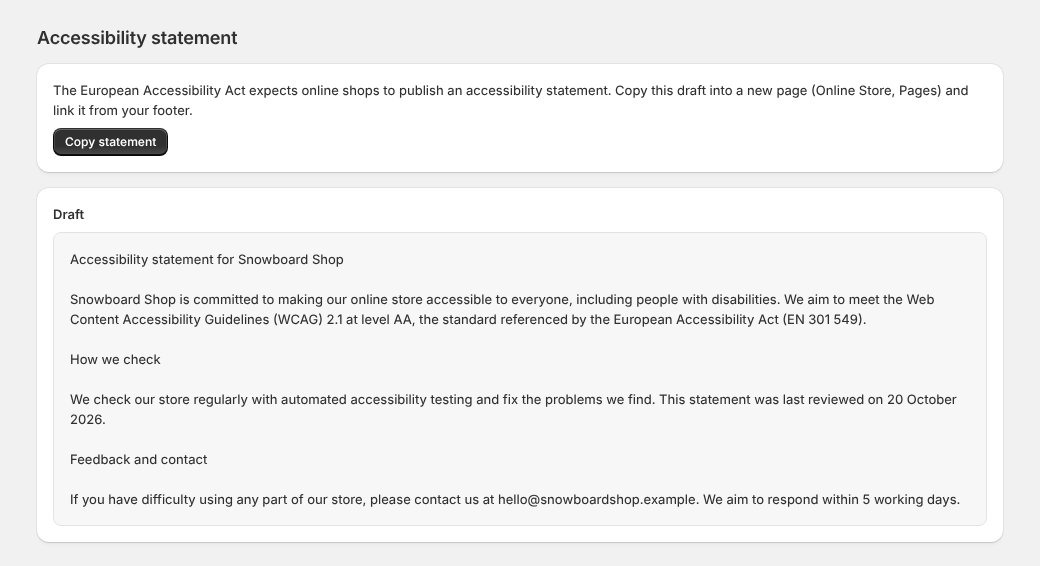 Draft accessibility statement generated by Aisleable